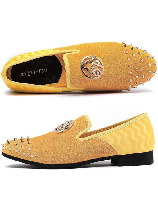 XQWFH Men\'s Yellow Velvet Leather Loafer Embroidery Spiked Slip On Fashion Shoes